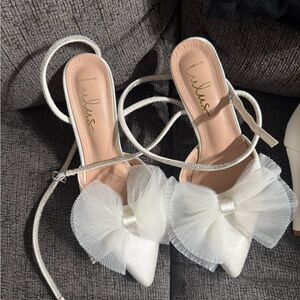 Lulu's White Satin Bow Heels